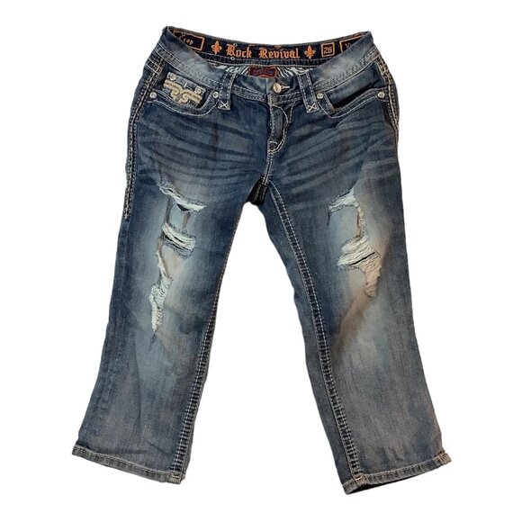 Rock Revival Vivian Crop Jeans Rhinestones Distressed Women’s Size 26 Blue Denim - Picture 1 of 11